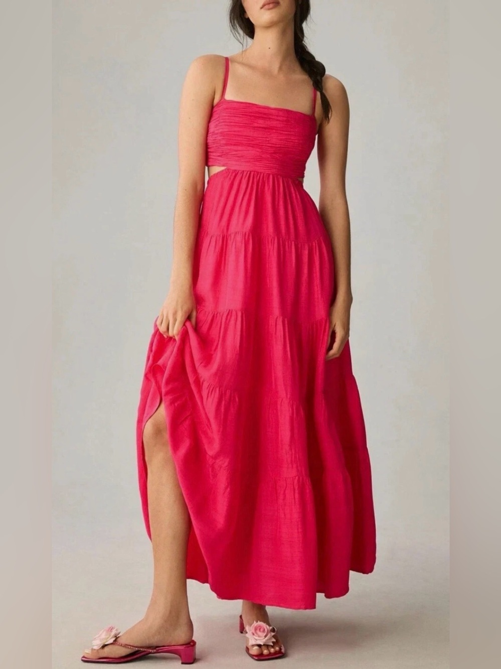 Anthropologie Let Me Be Cutout Tiered Maxi Dress M Magenta Pink